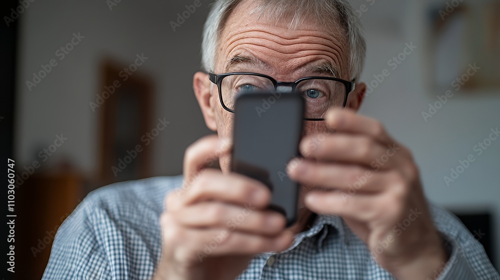 An elderly man focuses on his smartphone, showcasing modern technology usage. An elderly man focuses on his smartphone, showcasing modern technology usage.