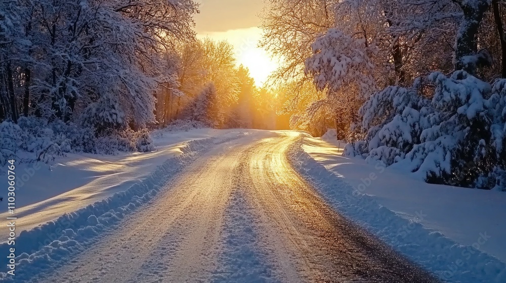 Winding winter road surrounded by snow-covered trees, with sunlight casting a warm glow over the serene snowy landscape. Winding winter road surrounded by snow-covered trees, with sunlight casting a warm glow over the serene snowy landscape.