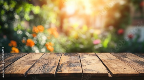 Rustic wooden tabletop against a blurred vibrant garden backdrop with colorful flowers and warm sunlight creating a serene atmosphere