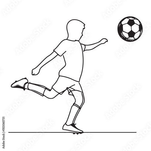 One continuous single drawing black line art doodle of a boy kicking a soccer ball