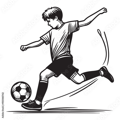 One continuous single drawing black line art doodle of a boy kicking a soccer ball