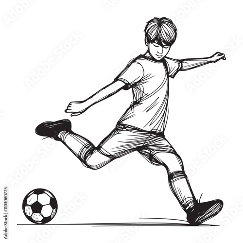 One continuous single drawing black line art doodle of a boy kicking a soccer ball