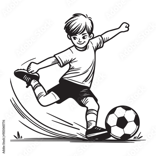 One continuous single drawing black line art doodle of a boy kicking a soccer ball