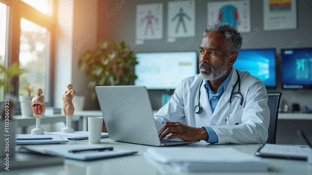 Focused Black Male Doctor in Modern Hospital Office: Healthcare Professional Reviewing Medical Data