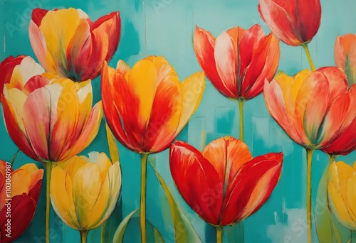 Abstract red-yellow tulips on green background, drawing 