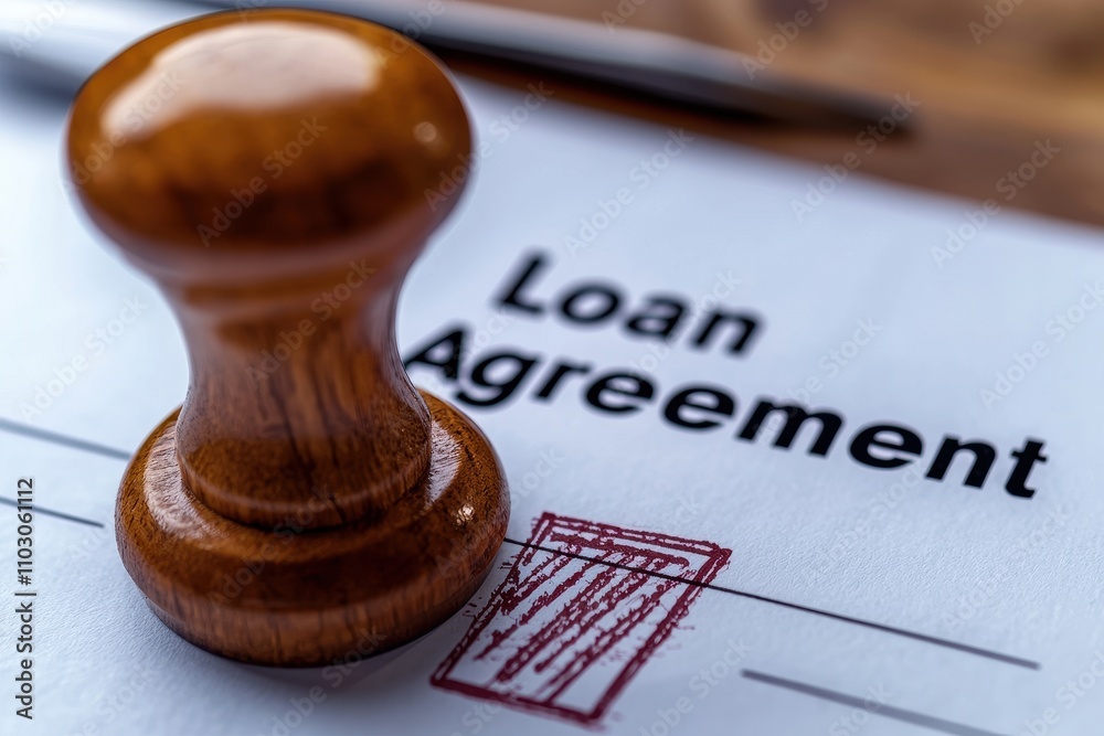 A close-up of a wooden stamp resting on a loan agreement document, indicating the official approval or acknowledgment of the contract. A close-up of a wooden stamp resting on a loan agreement document, indicating the official approval or acknowledgment of the contract.