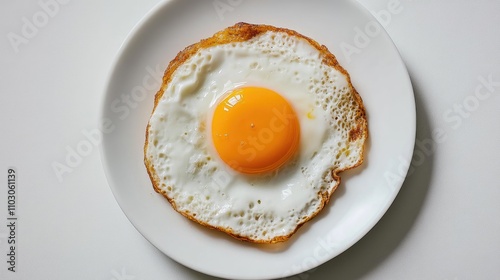 Fried egg with a bright yellow yolk on a smooth white plate, shot from above against a minimalistic white backdrop. photo