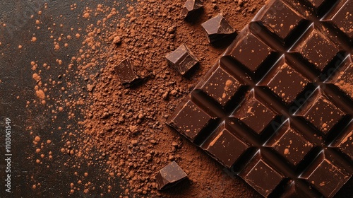 Rich dark chocolate texture with cocoa powder dust, showcasing a rustic background and scattered chocolate pieces in deep brown hues.