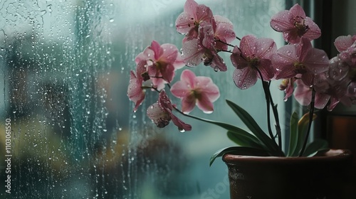 Orchids with delicate pink blooms next to a rain-speckled window, creating a tranquil and serene atmosphere of nature.