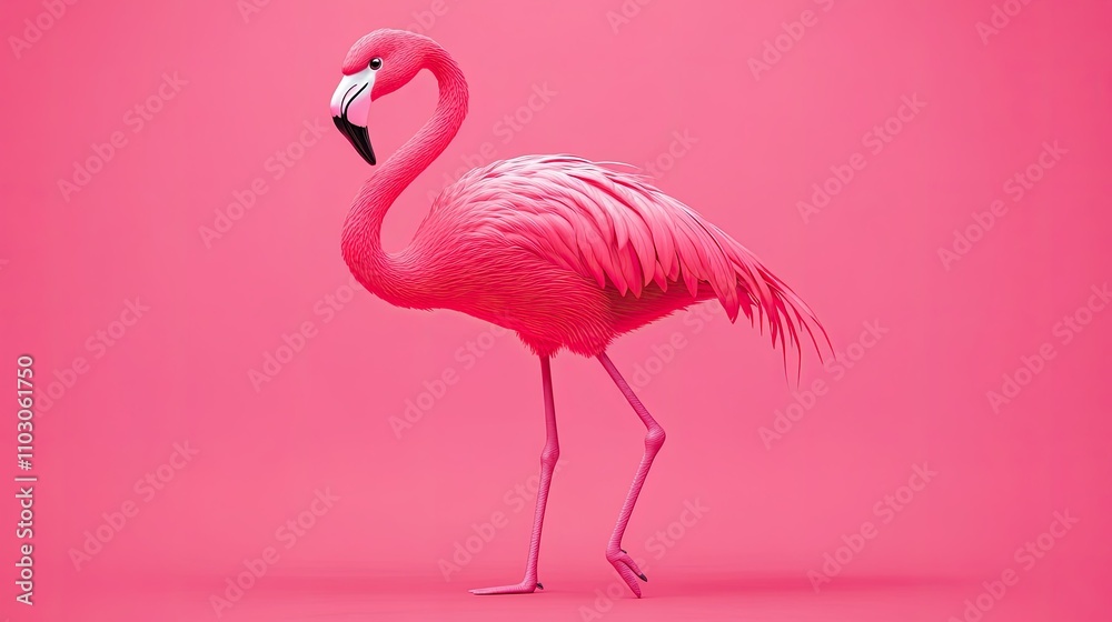 Fototapeta premium Charming pink cartoon flamingo with exaggerated features, standing on one leg in a whimsical style
