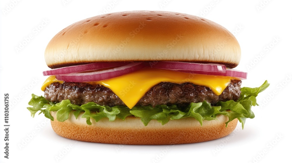 Juicy cheeseburger with a perfectly grilled beef patty, topped with melted cheddar, fresh lettuce, and red onion, all nestled in a soft, toasted bun. Juicy cheeseburger with a perfectly grilled beef patty, topped with melted cheddar, fresh lettuce, and red onion, all nestled in a soft, toasted bun.