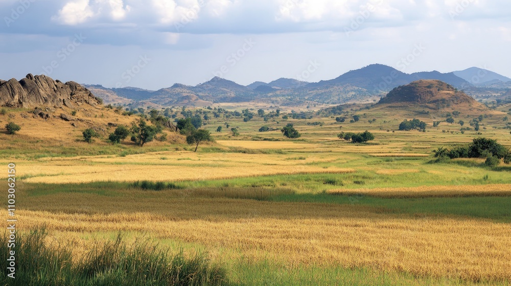 Expansive landscape showcasing golden rice fields in the foreground, gently rolling hills, sparse trees, and a dramatic overcast sky. Expansive landscape showcasing golden rice fields in the foreground, gently rolling hills, sparse trees, and a dramatic overcast sky.
