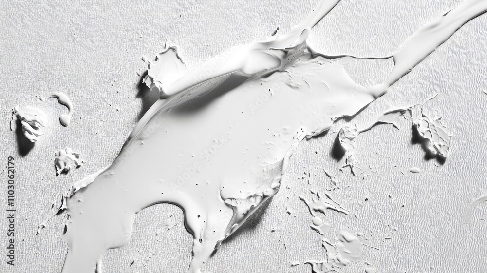Spilled white liquid on a textured white surface with an overhead view showcasing smooth and rugged patterns in the liquid. Spilled white liquid on a textured white surface with an overhead view showcasing smooth and rugged patterns in the liquid.