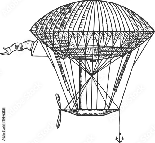 Retro airship sketch. Flying sky transport drawing