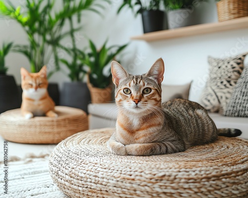Cozy Cats Relaxing in a Bohemian Styled Living Room ,Two cats relaxing in a cozy indoor setting ,Bohemian Cat Decor Photography ,Cats in Modern Bohemian Home