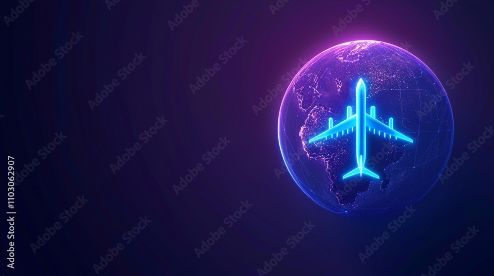 Neon blue airplane icon with earth globe air travel line icon. Plane, journey, transportation. Airline concep can be used for topics like travelling, destination, tourism Neon blue airplane icon with earth globe air travel line icon. Plane, journey, transportation. Airline concep can be used for topics like travelling, destination, tourism