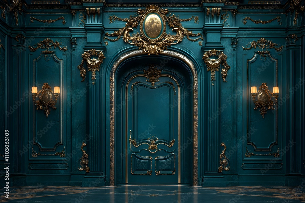 A luxurious blue room featuring ornate gold detailing, a grand door, and elegant wall sconces, creating a regal atmosphere. A luxurious blue room featuring ornate gold detailing, a grand door, and elegant wall sconces, creating a regal atmosphere.