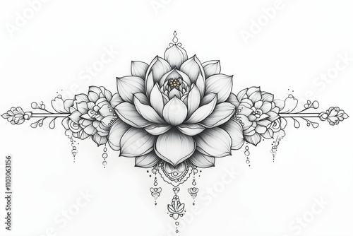 A detailed black and white illustration of a lotus flower, surrounded by intricate floral patterns, showcasing elegance and artistry. featuring intricate details in black and white. Tattoo design 