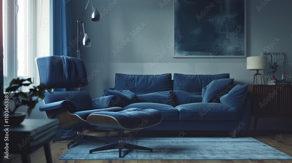Contemporary Living Room with Elegant Blue Sofa and Modern Decor Contemporary Living Room with Elegant Blue Sofa and Modern Decor