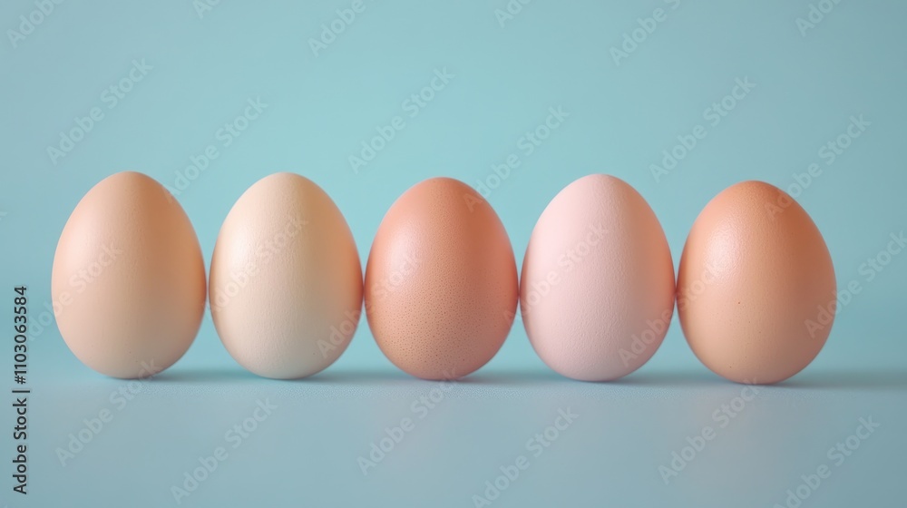 Pastel Easter eggs in shades of peach and cream arranged neatly on a soft blue background, capturing the essence of spring and vibrant seasonal colors. Pastel Easter eggs in shades of peach and cream arranged neatly on a soft blue background, capturing the essence of spring and vibrant seasonal colors.