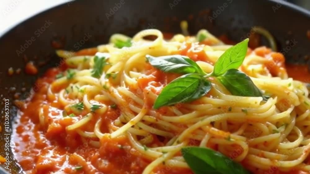 Dynamic macro shot of spaghetti tossed in a pan with tomato sauce, fresh herbs, and olive oil, captured in natural warm lighting Dynamic macro shot of spaghetti tossed in a pan with tomato sauce, fresh herbs, and olive oil, captured in natural warm lighting