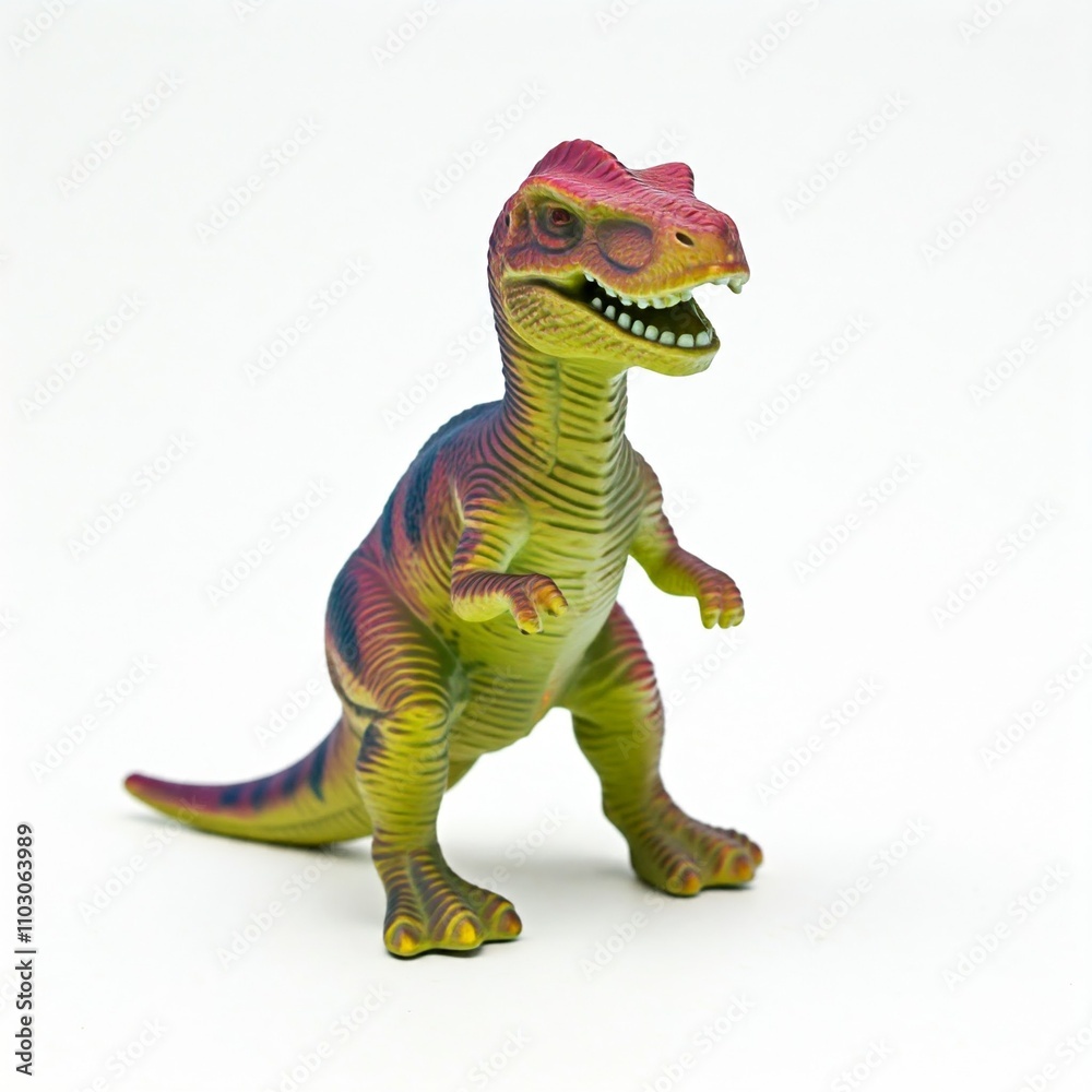 Fototapeta premium green and red toy dinosaur with open mouth standing on white background