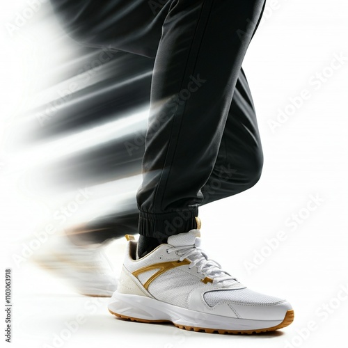 Wallpaper Mural white sneakers with gold accents worn by a man running on white background Torontodigital.ca