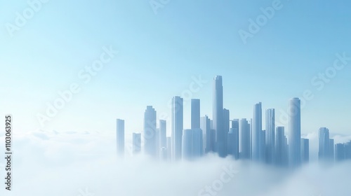 An ethereal skyline emerges from clouds under a clear blue sky showcasing modern architecture and serenity