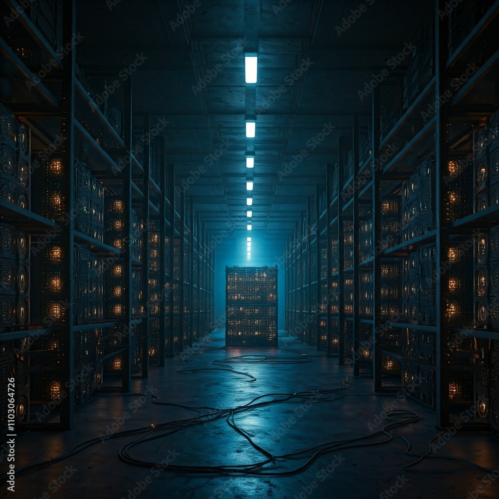 dark blue and orange industrial server room with illuminated racks and cables dark blue and orange industrial server room with illuminated racks and cables