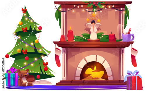 Festive Christmas home interior with decorated tree beside glowing fireplace. Cartoon winter holiday elements - angel and burning candles, hung stockings and wrapped gifts, seasonal decorations.