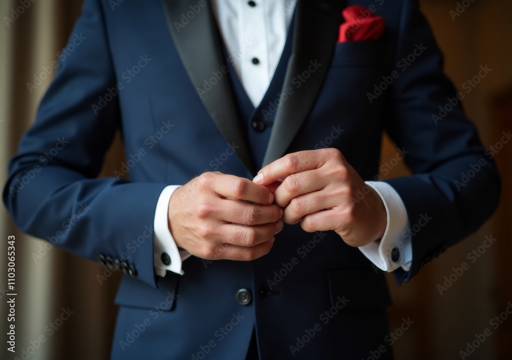 Elegant groom adjusting his suit before the wedding ceremony in a classic venue Elegant groom adjusting his suit before the wedding ceremony in a classic venue
