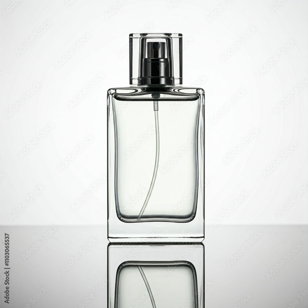 empty clear glass perfume bottle with silver top against a white background empty clear glass perfume bottle with silver top against a white background