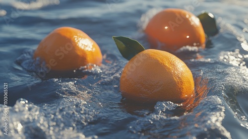 Bright, fresh oranges buoyantly floating on water, showcasing dynamic color blends and realistic reflections, capturing a vibrant and refreshing scene. photo