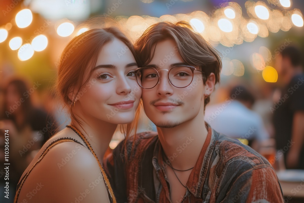 Romantic Couple Smiling Under String Lights at a Festival Romantic Couple Smiling Under String Lights at a Festival