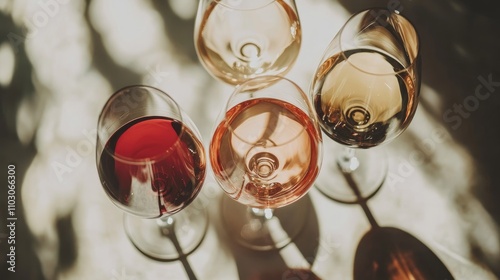 Elegant wine glasses filled with red and white wines cast shadows in sunlight, arranged in a flat lay perfect for wine tasting themes with ample copy space. photo