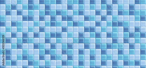Pool wall texture. Mosaic seamless tile pattern. Abstract square kitchen closeup interior illustration. Swimming or shower glossy detail grid. 3d decorative art architecture for indoor concept