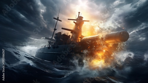 Powerful Submarine Launching Missile From Underwater with Splashing Waves and Intense Energy