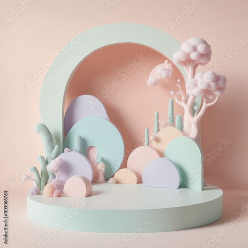 Dreamy Pastel Circular Staircase Surrounded by Soft Floral Arrangements Mockup for modern, luxury fashion, beauty, cosmetic, skincare, body care, product background  Podium 3d, stage pedestal or platf photo