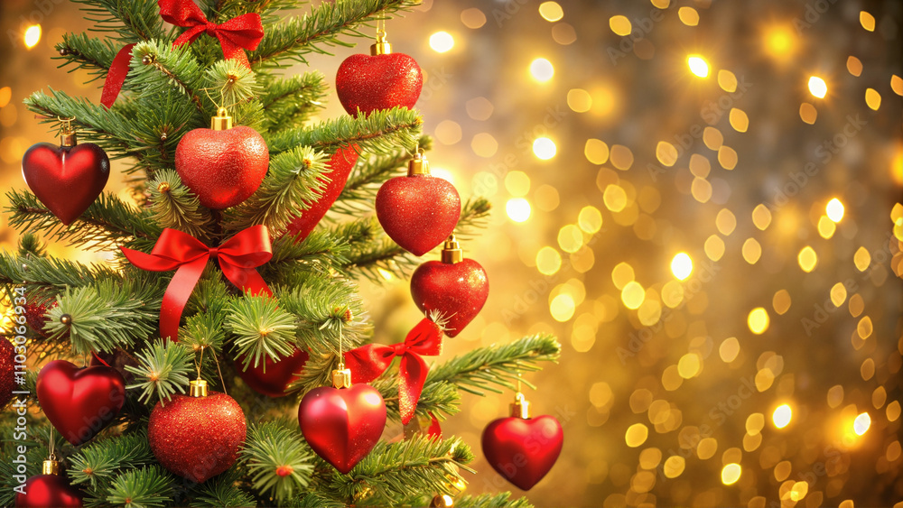 Christmas tree with red heart ornaments and golden lights Christmas tree with red heart ornaments and golden lights