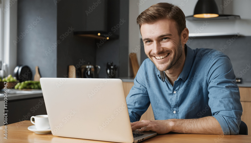 Man smiling behind a laptop, browsing the internet Man smiling behind a laptop, browsing the internet