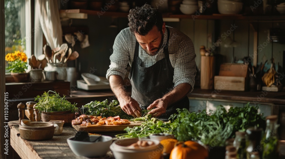 A chef carefully prepares a selection of vibrant herbs and vegetables on a rustic kitchen table. The atmosphere is warm and inviting, reflecting late afternoon sunlight A chef carefully prepares a selection of vibrant herbs and vegetables on a rustic kitchen table. The atmosphere is warm and inviting, reflecting late afternoon sunlight