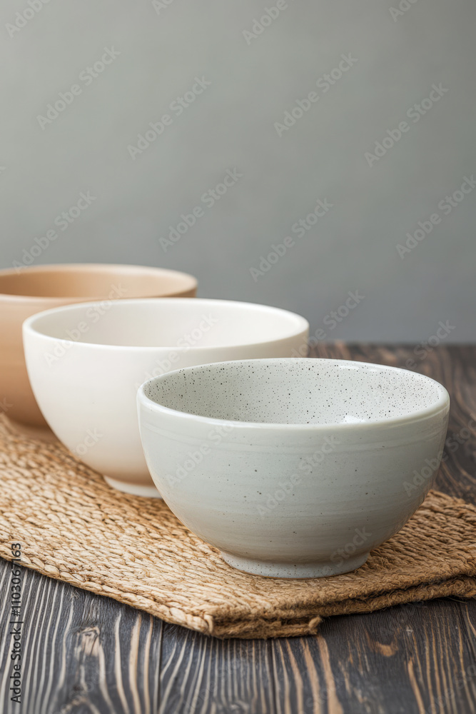 Three rustic ceramic bowls arranged on a natural fiber mat showcasing minimalist design Three rustic ceramic bowls arranged on a natural fiber mat showcasing minimalist design