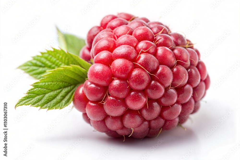 Fresh Red Raspberry with Green Leaves Isolated on White Fresh Red Raspberry with Green Leaves Isolated on White