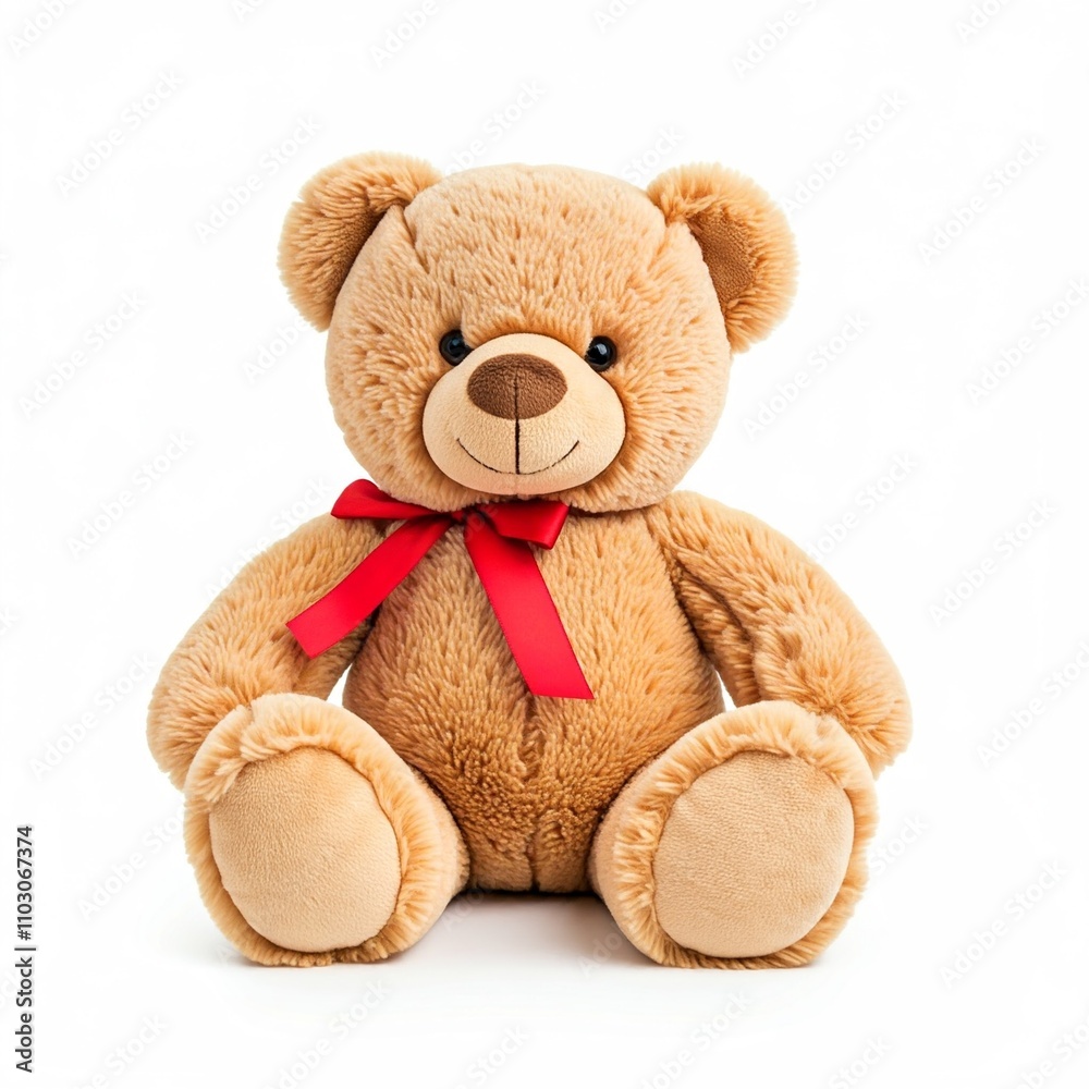 Fototapeta premium cute brown teddy bear plush toy with red bow sitting isolated on white background