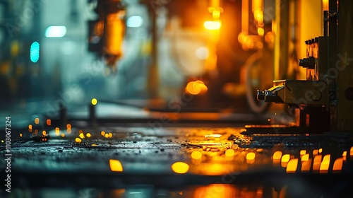 Industrial scene with machinery and glowing materials, showcasing manufacturing processes.