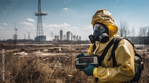 A professional worker in uniform monitoring radiation levels using specialized equipment and tools for safety inspection and environmental protection at an industrial power plant or nuclear facility