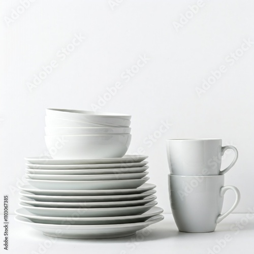 white ceramic plates bowls and mugs stacked on white table top with white background minimalist kitchen interior decoration clean and simple design