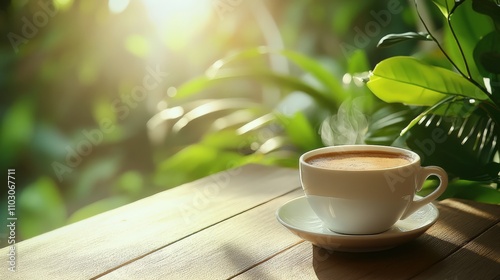 A steaming cup of coffee rests on a wooden table, surrounded by vibrant green leaves. Morning sunlight filters through, creating a warm and inviting atmosphere