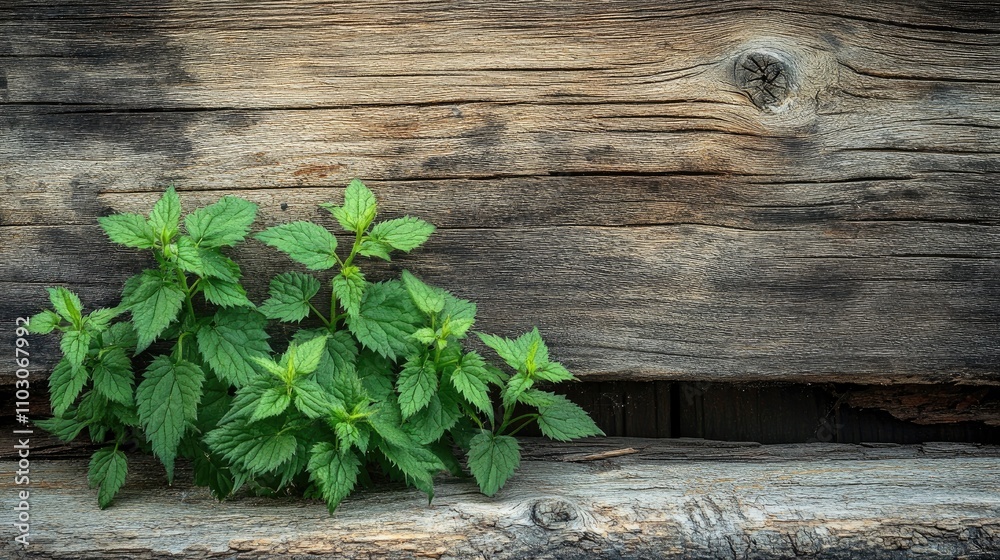 Lush green nettle flourishes next to a rustic, weathered log, showcasing vibrant leaves against a textured wooden backdrop in nature.