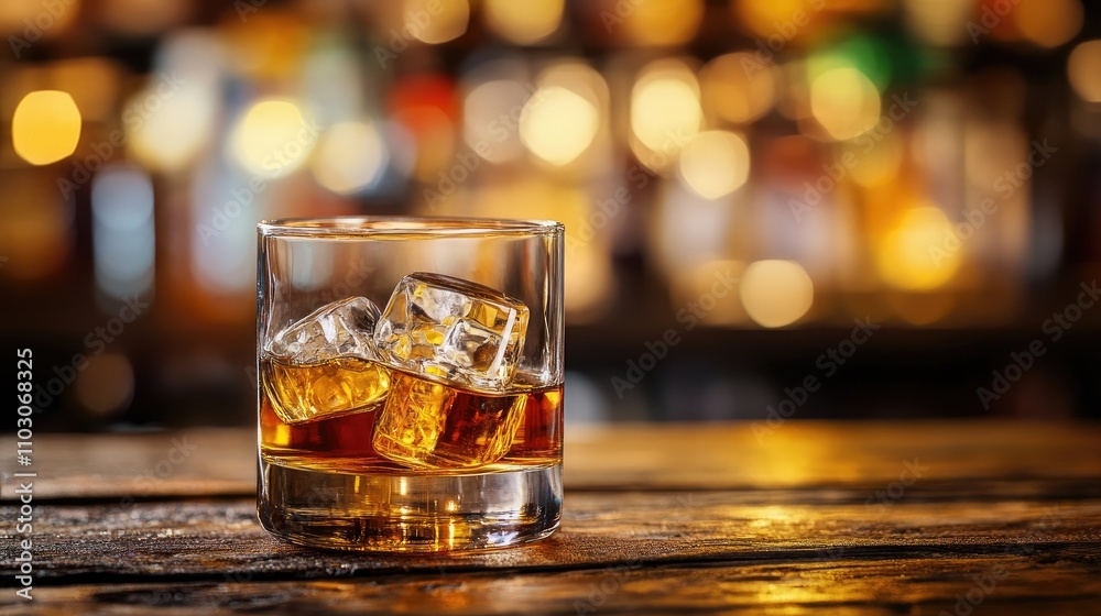 Whiskey on the rocks in a clear glass, set on a rustic wooden table, with an ambient blurred background of a liquor store, featuring empty copy space. Whiskey on the rocks in a clear glass, set on a rustic wooden table, with an ambient blurred background of a liquor store, featuring empty copy space.